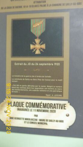 plaque commémorative de la croix de guerre de Sailly-au-Bois