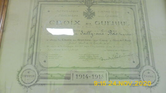 diplôme de la croix de guerre de Sailly-au-Bois